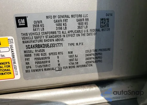 2014 Buick Enclave из США, поврежденный, VIN 5GAKRBKD9EJ331771